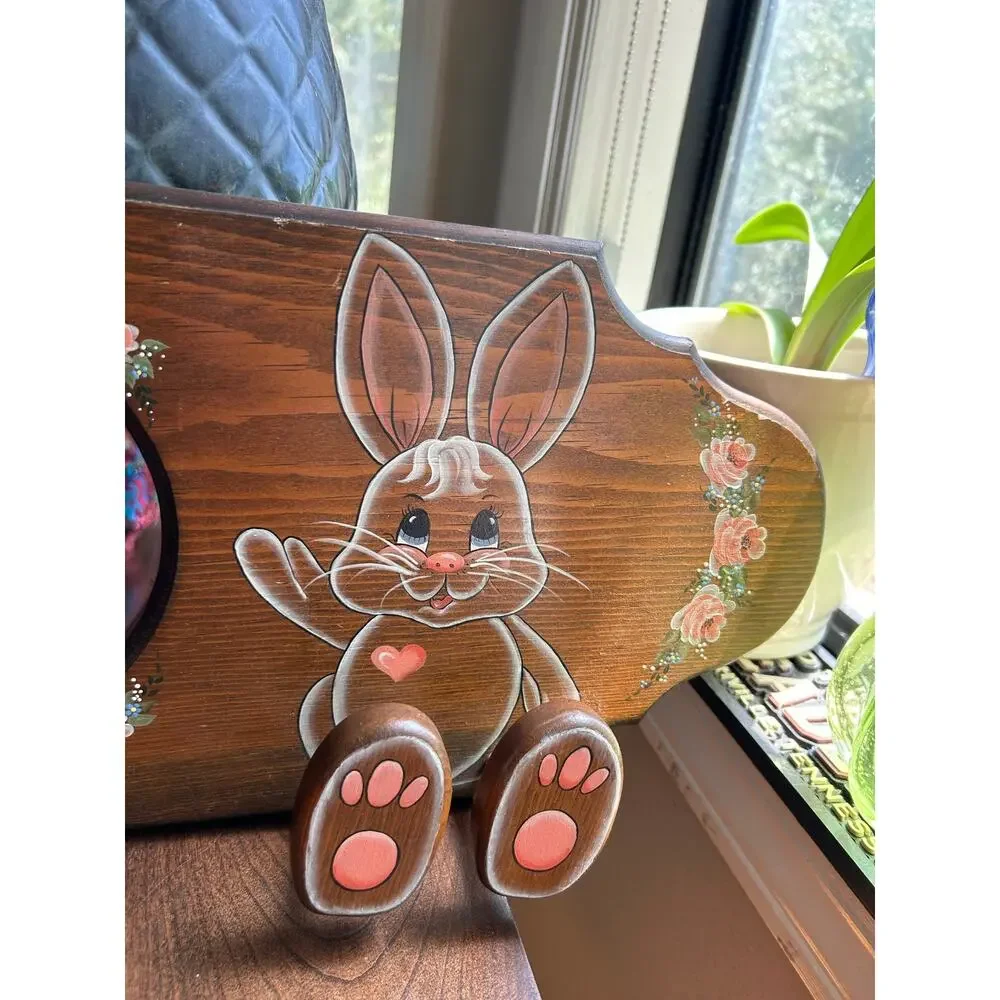 Vintage handmade wall hat coat rack rabbit mirror pine wood 1990s